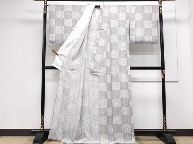 平和屋着物＊夏物　小紋　絽　京友禅　市松草葉文　反端付き　正絹　逸品　CABK0744th