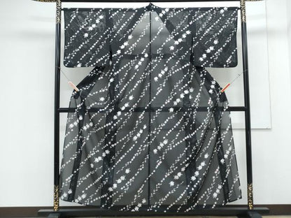平和屋着物＊夏物　小紋　絽　草花文　黒地　洗える着物　CABK0755th