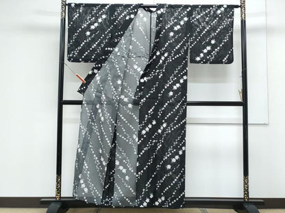 平和屋着物＊夏物　小紋　絽　草花文　黒地　洗える着物　CABK0755th