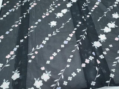 平和屋着物＊夏物　小紋　絽　草花文　黒地　洗える着物　CABK0755th
