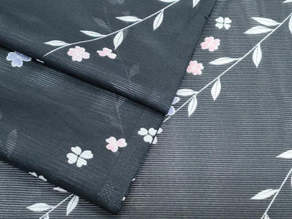 平和屋着物＊夏物　小紋　絽　草花文　黒地　洗える着物　CABK0755th