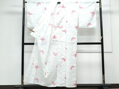 平和屋着物＊夏物　小紋　絽　芝草舞蝶文　洗える着物　CABK0770th