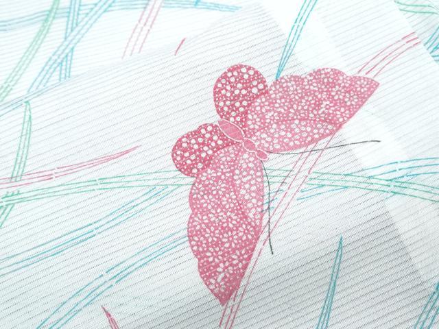 平和屋着物＊夏物　小紋　絽　芝草舞蝶文　洗える着物　CABK0770th