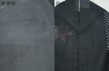 平和屋着物＊夏物　小紋　絽　枝楓文　黒地　正絹　逸品　CABK0775th