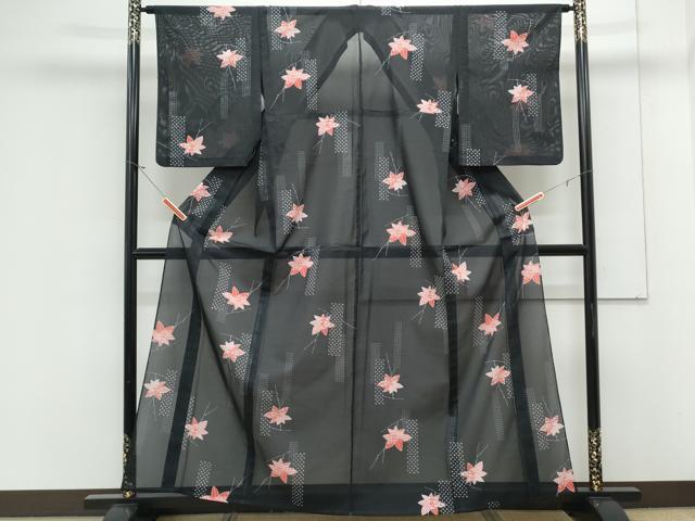 平和屋着物＊夏物　小紋　絽　枝楓文　黒地　正絹　逸品　CABK0775th