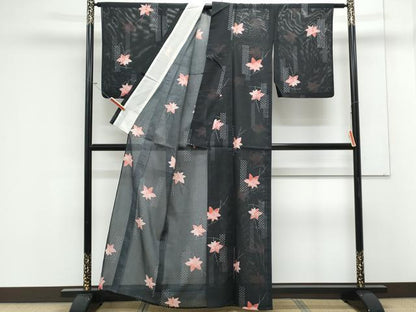 平和屋着物＊夏物　小紋　絽　枝楓文　黒地　正絹　逸品　CABK0775th