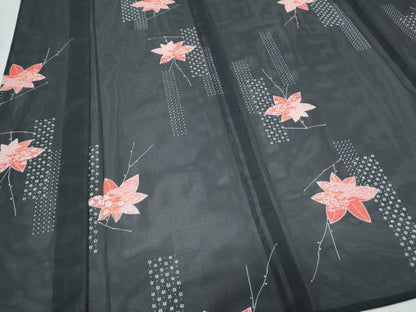 平和屋着物＊夏物　小紋　絽　枝楓文　黒地　正絹　逸品　CABK0775th