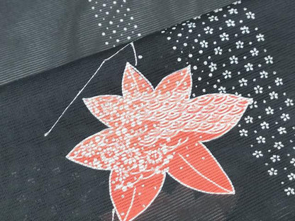 平和屋着物＊夏物　小紋　絽　枝楓文　黒地　正絹　逸品　CABK0775th