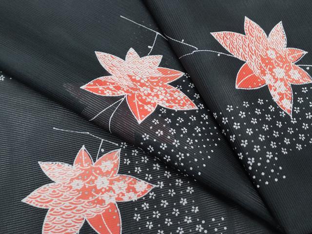 平和屋着物＊夏物　小紋　絽　枝楓文　黒地　正絹　逸品　CABK0775th