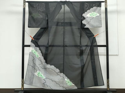 平和屋着物＊夏物　訪問着　絽　雲重ね草花文　黒地　金彩　洗える着物　CABK0777th