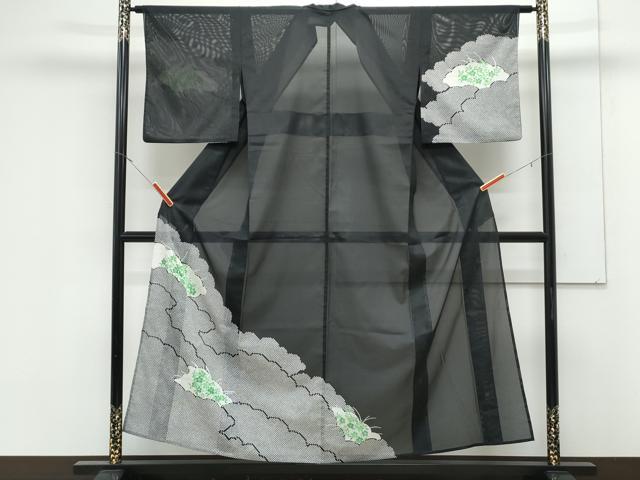 平和屋着物＊夏物　訪問着　絽　雲重ね草花文　黒地　金彩　洗える着物　CABK0777th