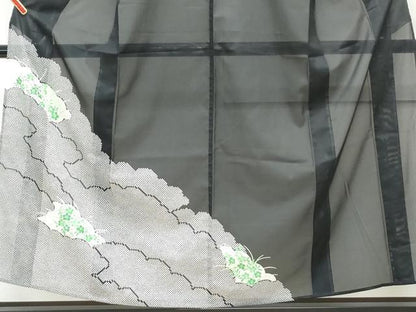 平和屋着物＊夏物　訪問着　絽　雲重ね草花文　黒地　金彩　洗える着物　CABK0777th