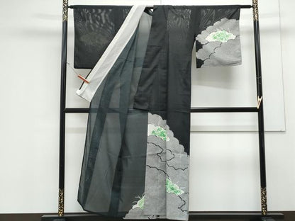 平和屋着物＊夏物　訪問着　絽　雲重ね草花文　黒地　金彩　洗える着物　CABK0777th