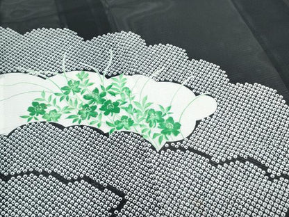 平和屋着物＊夏物　訪問着　絽　雲重ね草花文　黒地　金彩　洗える着物　CABK0777th