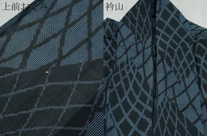 平和屋着物＊夏物　小紋　紗　菱吉祥文　黒地　洗える着物　CABK0787th