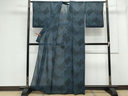 平和屋着物＊夏物　小紋　紗　菱吉祥文　黒地　洗える着物　CABK0787th