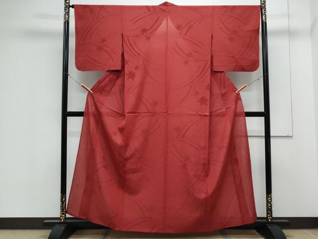 平和屋着物＊夏物　色無地　流水楓紋紗　朱・緋色　正絹　逸品　CABK0796th