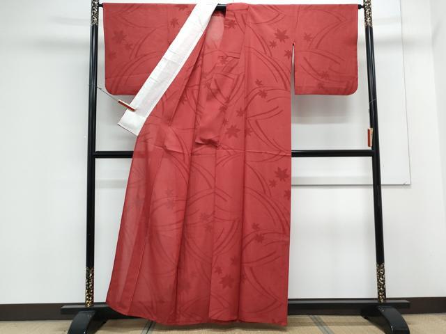 平和屋着物＊夏物　色無地　流水楓紋紗　朱・緋色　正絹　逸品　CABK0796th