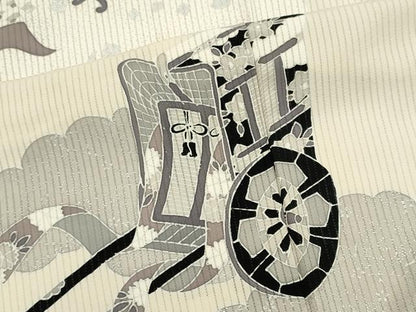 平和屋着物＊夏物　訪問着　友禅　縦絽　雲取り御所車花文　銀彩　正絹　逸品　CABK0824ou
