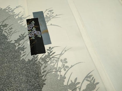 平和屋着物＊夏物　訪問着　絽　色紙重ね草花文　シルエット　金彩　正絹　逸品　CABK0829ou