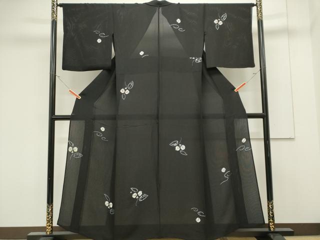 平和屋着物＊夏物　小紋　縦絽　絞り　草花文　黒地　正絹　逸品　CABK0839ou