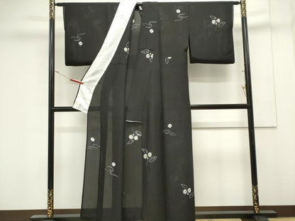 平和屋着物＊夏物　小紋　縦絽　絞り　草花文　黒地　正絹　逸品　CABK0839ou