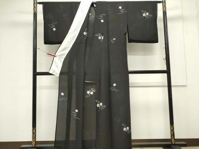 平和屋着物＊夏物　小紋　縦絽　絞り　草花文　黒地　正絹　逸品　CABK0839ou