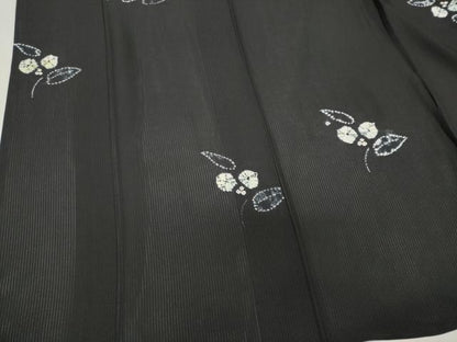平和屋着物＊夏物　小紋　縦絽　絞り　草花文　黒地　正絹　逸品　CABK0839ou