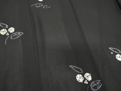 平和屋着物＊夏物　小紋　縦絽　絞り　草花文　黒地　正絹　逸品　CABK0839ou