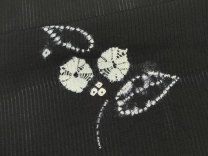 平和屋着物＊夏物　小紋　縦絽　絞り　草花文　黒地　正絹　逸品　CABK0839ou