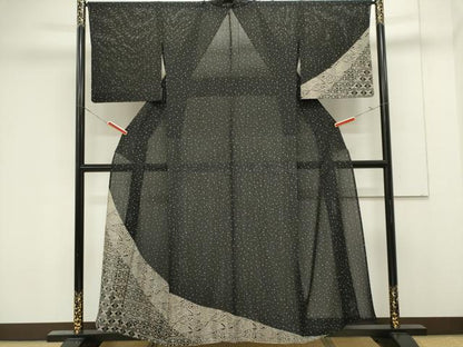 平和屋着物＊夏物　訪問着　絽　型染め　吉祥花文　黒地　正絹　逸品　CABK0847ou