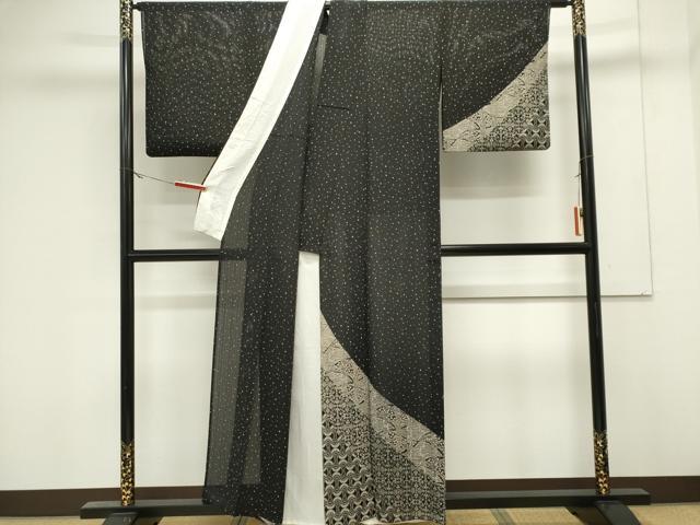 平和屋着物＊夏物　訪問着　絽　型染め　吉祥花文　黒地　正絹　逸品　CABK0847ou