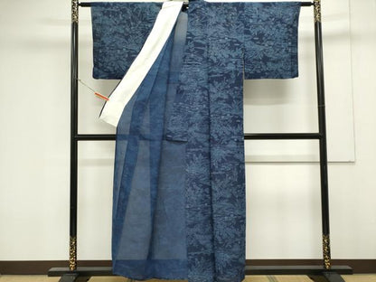 平和屋着物＊夏物　小紋　絽　藍　型染め　流水風景文　正絹　逸品　CABK0852ou