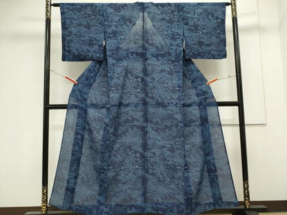 平和屋着物＊夏物　小紋　絽　藍　型染め　流水風景文　正絹　逸品　CABK0852ou