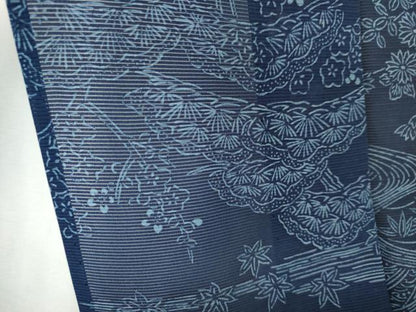 平和屋着物＊夏物　小紋　絽　藍　型染め　流水風景文　正絹　逸品　CABK0852ou
