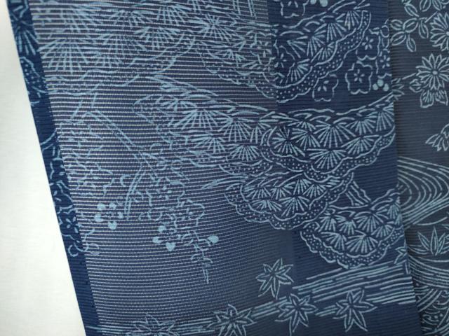 平和屋着物＊夏物　小紋　絽　藍　型染め　流水風景文　正絹　逸品　CABK0852ou