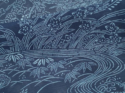 平和屋着物＊夏物　小紋　絽　藍　型染め　流水風景文　正絹　逸品　CABK0852ou
