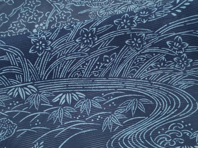 平和屋着物＊夏物　小紋　絽　藍　型染め　流水風景文　正絹　逸品　CABK0852ou