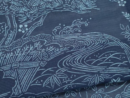 平和屋着物＊夏物　小紋　絽　藍　型染め　流水風景文　正絹　逸品　CABK0852ou