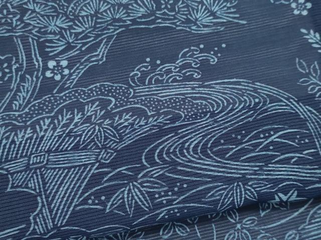 平和屋着物＊夏物　小紋　絽　藍　型染め　流水風景文　正絹　逸品　CABK0852ou