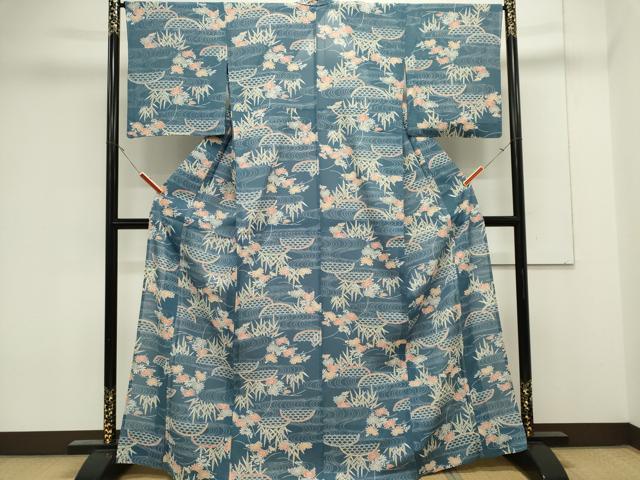 平和屋着物＊夏物　小紋　絽　型染め　流水籬花文　正絹　逸品　CABK0854ou