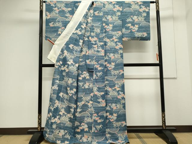 平和屋着物＊夏物　小紋　絽　型染め　流水籬花文　正絹　逸品　CABK0854ou