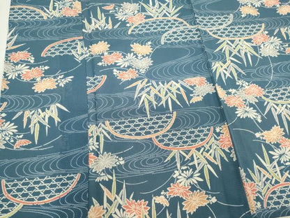 平和屋着物＊夏物　小紋　絽　型染め　流水籬花文　正絹　逸品　CABK0854ou