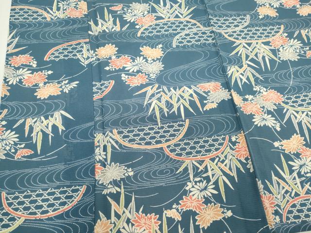 平和屋着物＊夏物　小紋　絽　型染め　流水籬花文　正絹　逸品　CABK0854ou