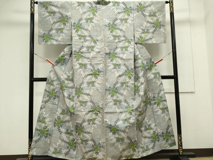 平和屋着物▽上質な紬　単衣　草木文　正絹　逸品　CABK0869ou