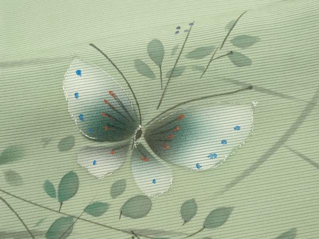 平和屋着物＊夏物　訪問着　絽　手描き　舞蝶草木文　銀彩　正絹　逸品　CABK0891ou