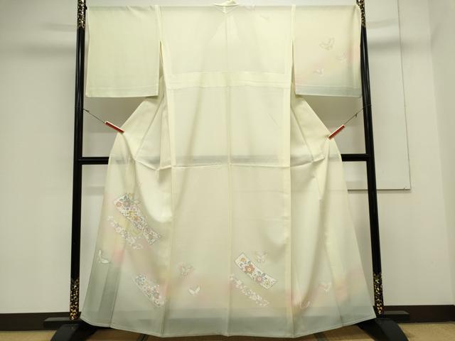 平和屋着物＊夏物　訪問着　絽　花蝶文　暈し染め　銀彩　正絹　逸品　CABK0892ou