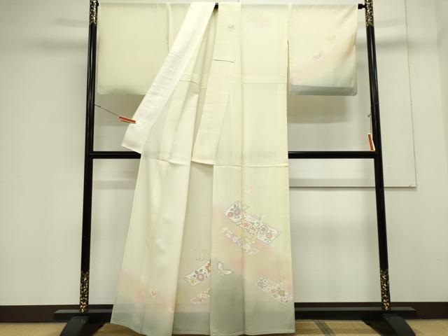 平和屋着物＊夏物　訪問着　絽　花蝶文　暈し染め　銀彩　正絹　逸品　CABK0892ou