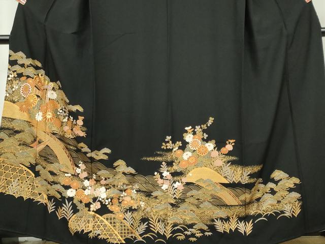 平和屋着物■豪華黒留袖　駒刺繍　御所車草花文　金彩　正絹　逸品　CABK0895ou