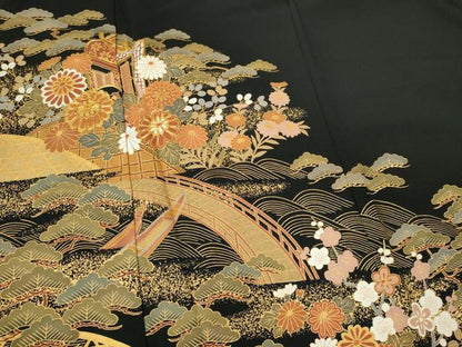 平和屋着物■豪華黒留袖　駒刺繍　御所車草花文　金彩　正絹　逸品　CABK0895ou